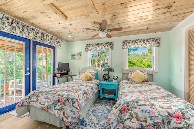 bedroom with hardwood / wood-style flooring, wooden ceiling, access to exterior, and ceiling fan