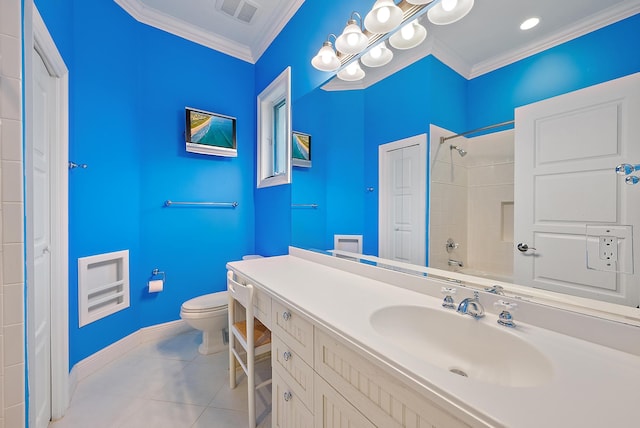 full bathroom with tile patterned floors,  shower combination, ornamental molding, toilet, and vanity