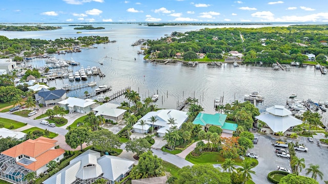 drone / aerial view featuring a water view