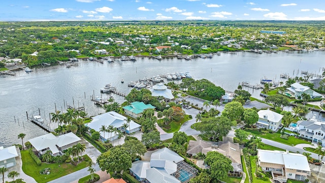 bird's eye view with a water view