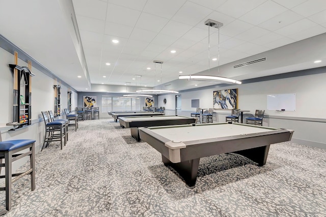 rec room featuring light carpet and billiards