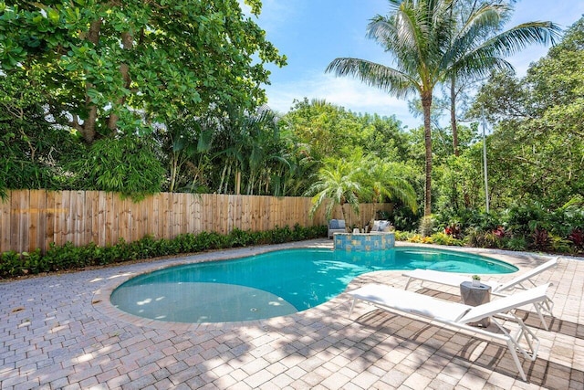 view of swimming pool featuring a patio and an in ground hot tub