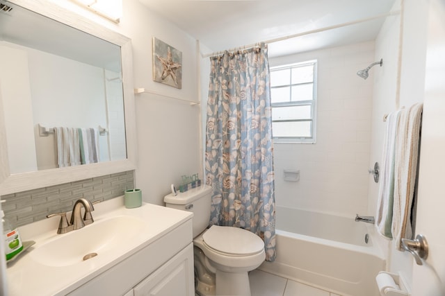 full bath with vanity, visible vents, decorative backsplash, shower / bath combination with curtain, and toilet