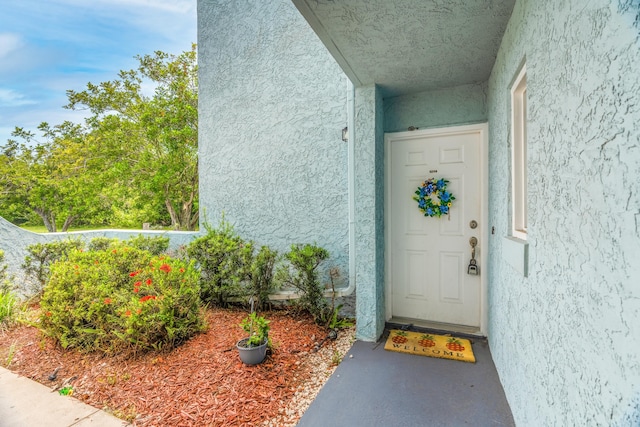 view of exterior entry featuring stucco siding