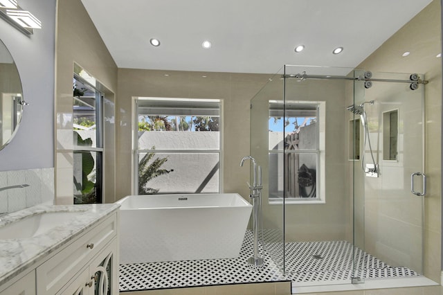 bathroom with vanity and walk in shower