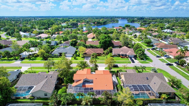 aerial view featuring a water view