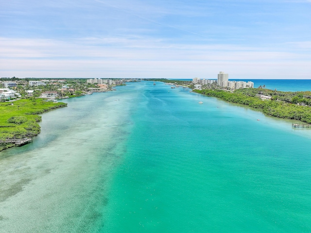 bird's eye view with a water view