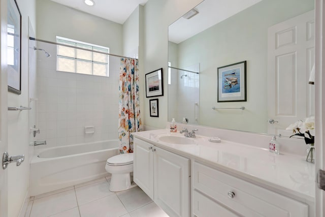 full bathroom with tile patterned flooring, vanity, toilet, and shower / tub combo with curtain