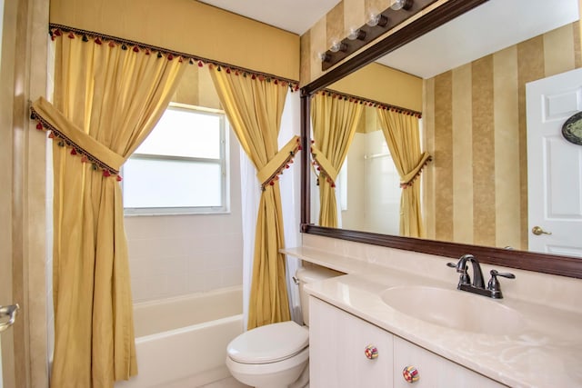 full bathroom with toilet, shower / tub combo, and oversized vanity