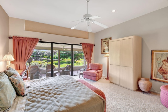 bedroom featuring access to exterior, light carpet, and ceiling fan