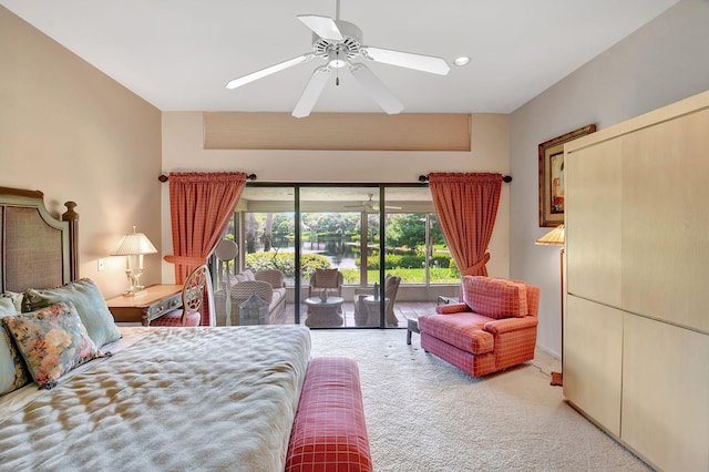 carpeted bedroom featuring ceiling fan and access to exterior