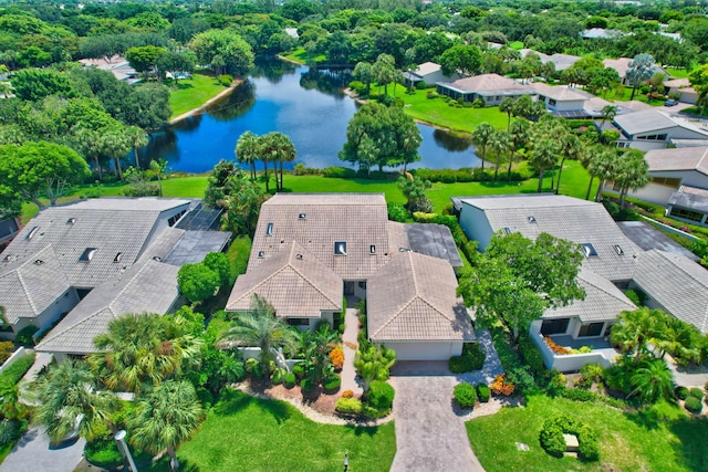 drone / aerial view with a water view