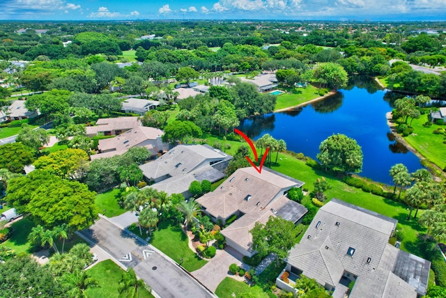 aerial view featuring a water view