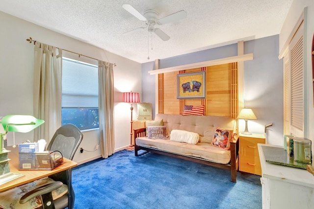 living room featuring dark colored carpet, a textured ceiling, and ceiling fan