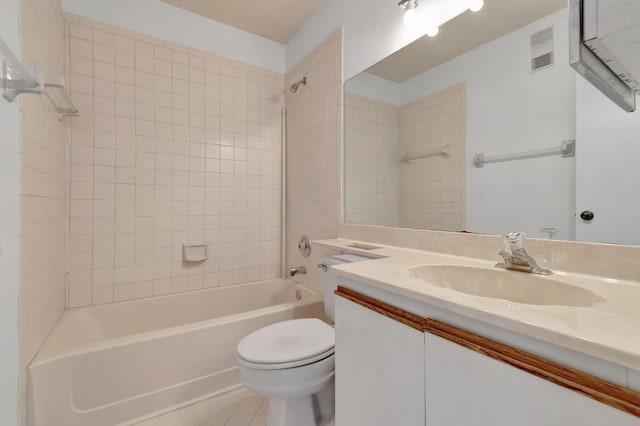 bathroom with tile patterned flooring, visible vents, toilet, shower / bath combination, and vanity