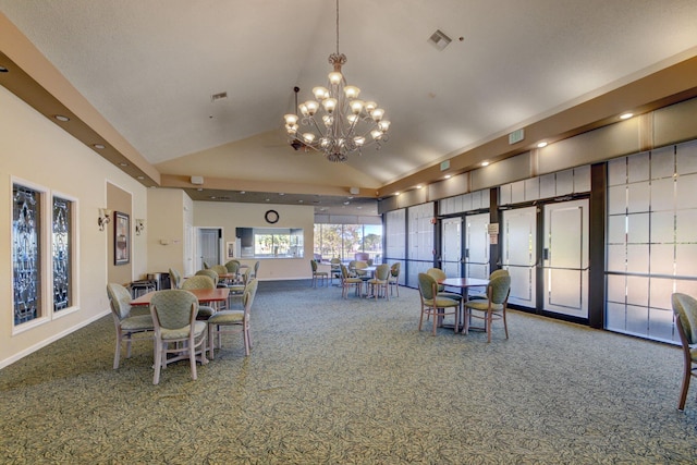 carpeted dining room featuring baseboards, visible vents, high vaulted ceiling, and an inviting chandelier