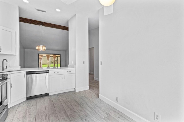 kitchen featuring sink, dishwasher, light hardwood / wood-style flooring, pendant lighting, and white cabinets