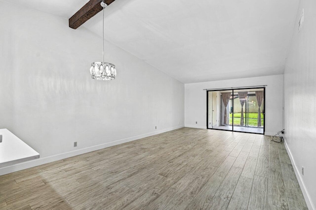 unfurnished living room featuring beam ceiling, light hardwood / wood-style flooring, high vaulted ceiling, and a chandelier