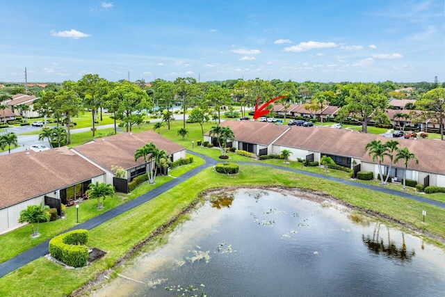 drone / aerial view featuring a water view