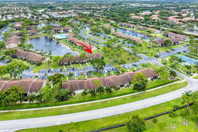 drone / aerial view featuring a water view