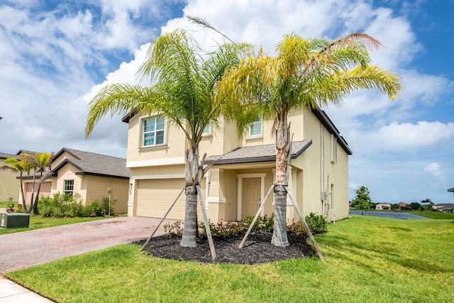 view of front facade with a front yard and a garage