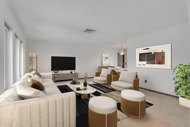 living room with carpet flooring and a textured ceiling