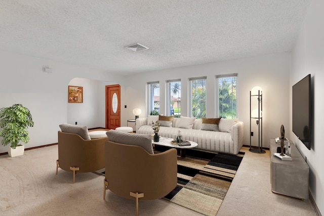 living room with light colored carpet and a textured ceiling