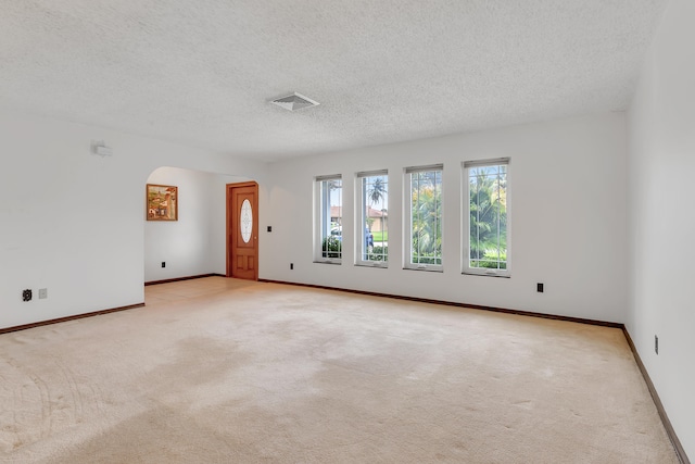 unfurnished room featuring a textured ceiling and light carpet