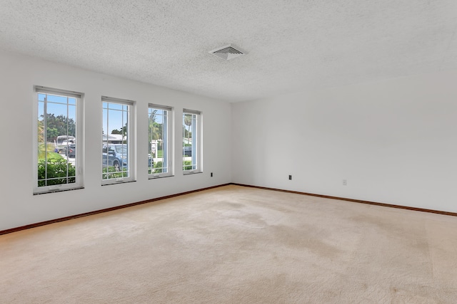 unfurnished room with a textured ceiling and light carpet