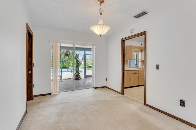 unfurnished room with light carpet, sink, and a textured ceiling