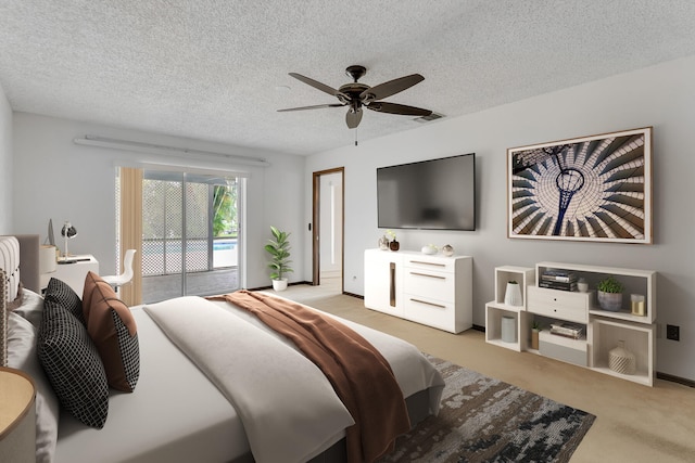 bedroom with a textured ceiling, ceiling fan, light carpet, and access to outside