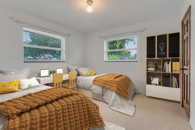 carpeted bedroom with a textured ceiling