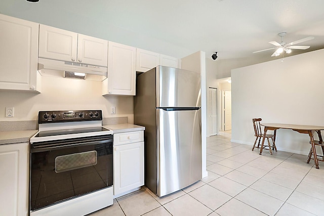 kitchen with white cabinets, white electric stove, ceiling fan, and stainless steel refrigerator