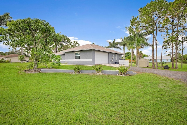 view of property exterior with driveway, a lawn, an attached garage, and stucco siding