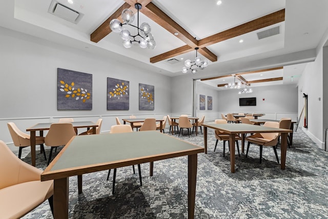 dining space featuring beamed ceiling, coffered ceiling, and an inviting chandelier