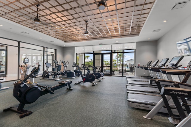 exercise room with a raised ceiling