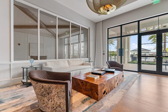 living room featuring light hardwood / wood-style floors, french doors, and a wealth of natural light