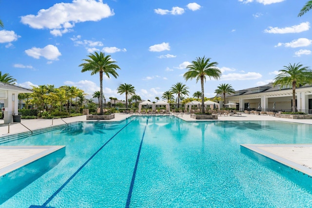 view of swimming pool featuring a patio area