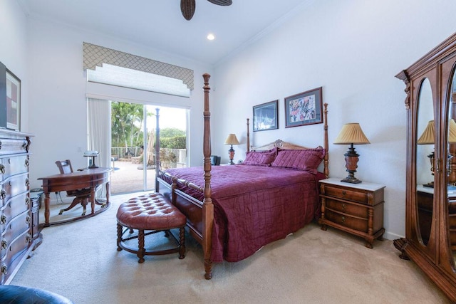 carpeted bedroom with access to outside, ceiling fan, and crown molding