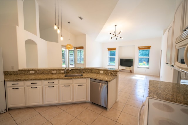 kitchen with white cabinetry, dishwasher, and pendant lighting