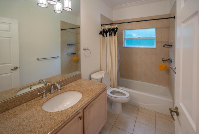 full bathroom with vanity with extensive cabinet space, toilet, tile floors, crown molding, and shower / bath combo with shower curtain