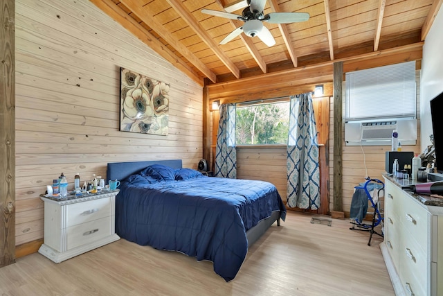 bedroom with ceiling fan, lofted ceiling with beams, light wood-type flooring, wooden ceiling, and wood walls