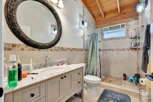 bathroom featuring tile walls, vanity, toilet, wooden ceiling, and a shower with curtain