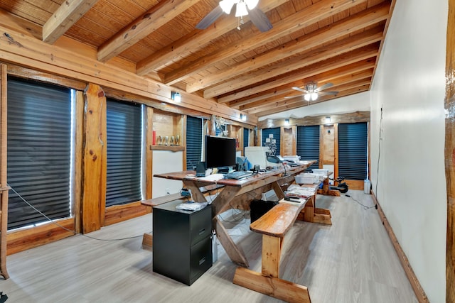 office area with vaulted ceiling with beams, wood ceiling, ceiling fan, and light wood-type flooring