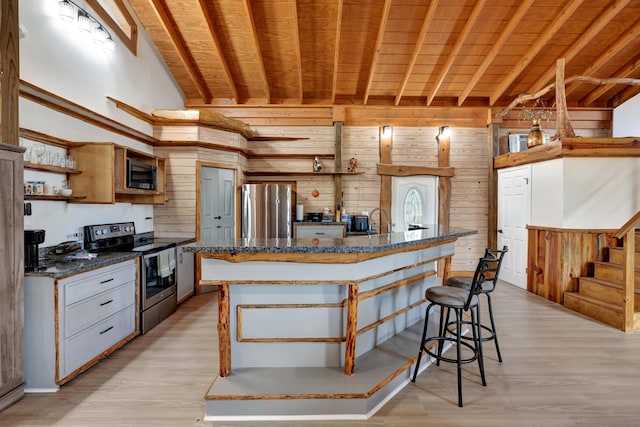 kitchen with wood walls, white cabinetry, an island with sink, wood ceiling, and stainless steel appliances