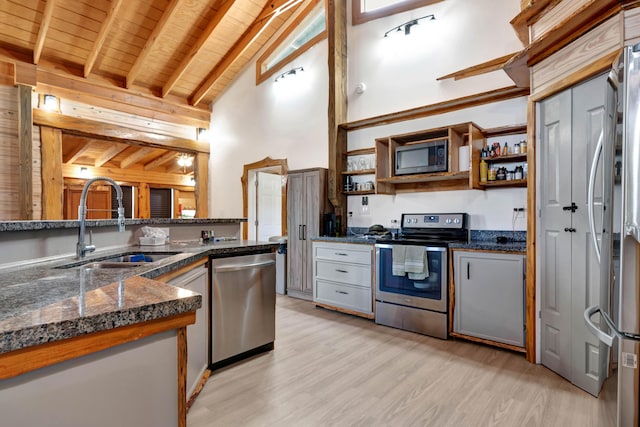 kitchen featuring sink, light wood-type flooring, stainless steel appliances, wooden ceiling, and beam ceiling