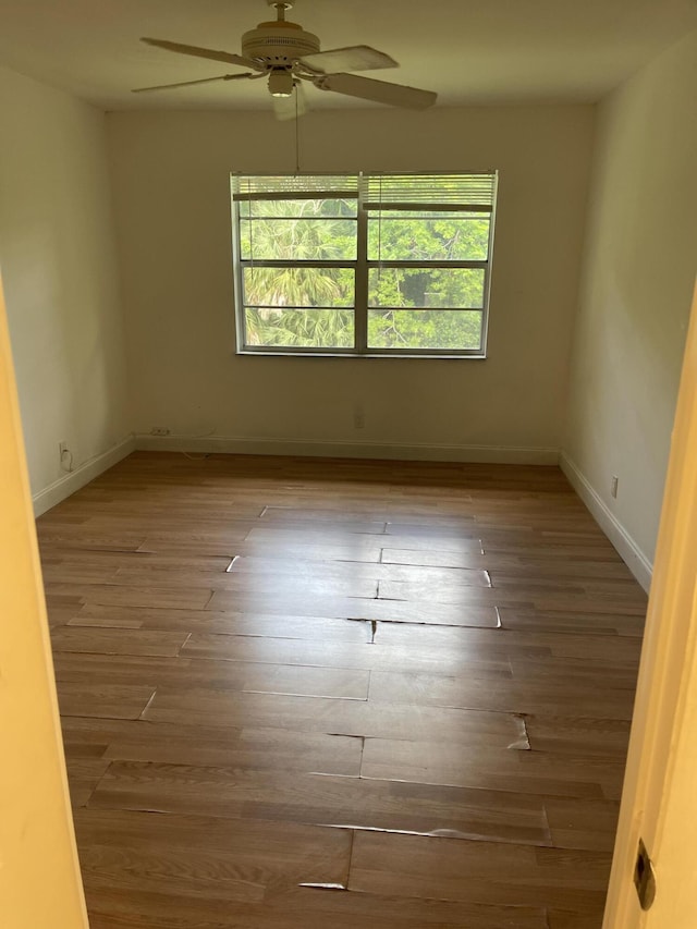 empty room featuring wood-type flooring, plenty of natural light, and ceiling fan