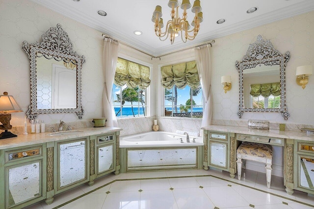 bathroom with crown molding, tile patterned floors, a tub to relax in, vanity, and a chandelier