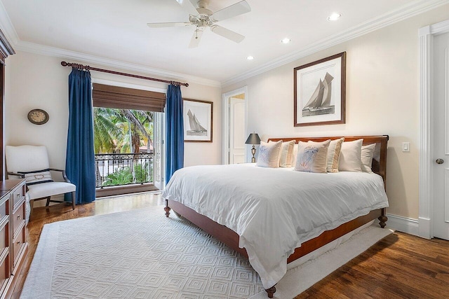 bedroom with access to exterior, crown molding, ceiling fan, and dark hardwood / wood-style flooring