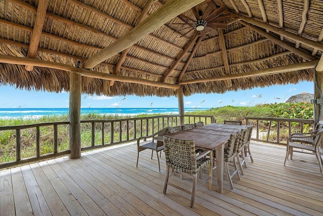 deck with a water view and a gazebo